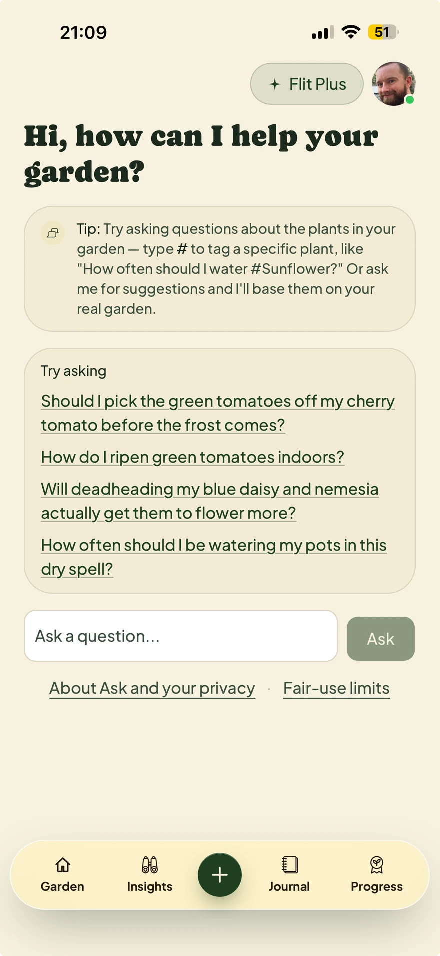 Ask Flit with suggested questions about the gardener's tomatoes, flowers and watering, and a field for asking a question.