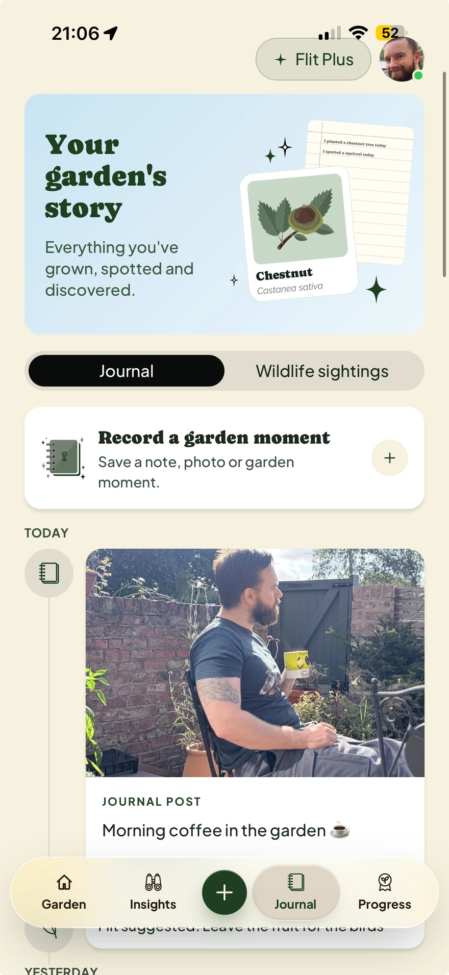 Flit's garden journal with a photo and a note about morning coffee in the garden.